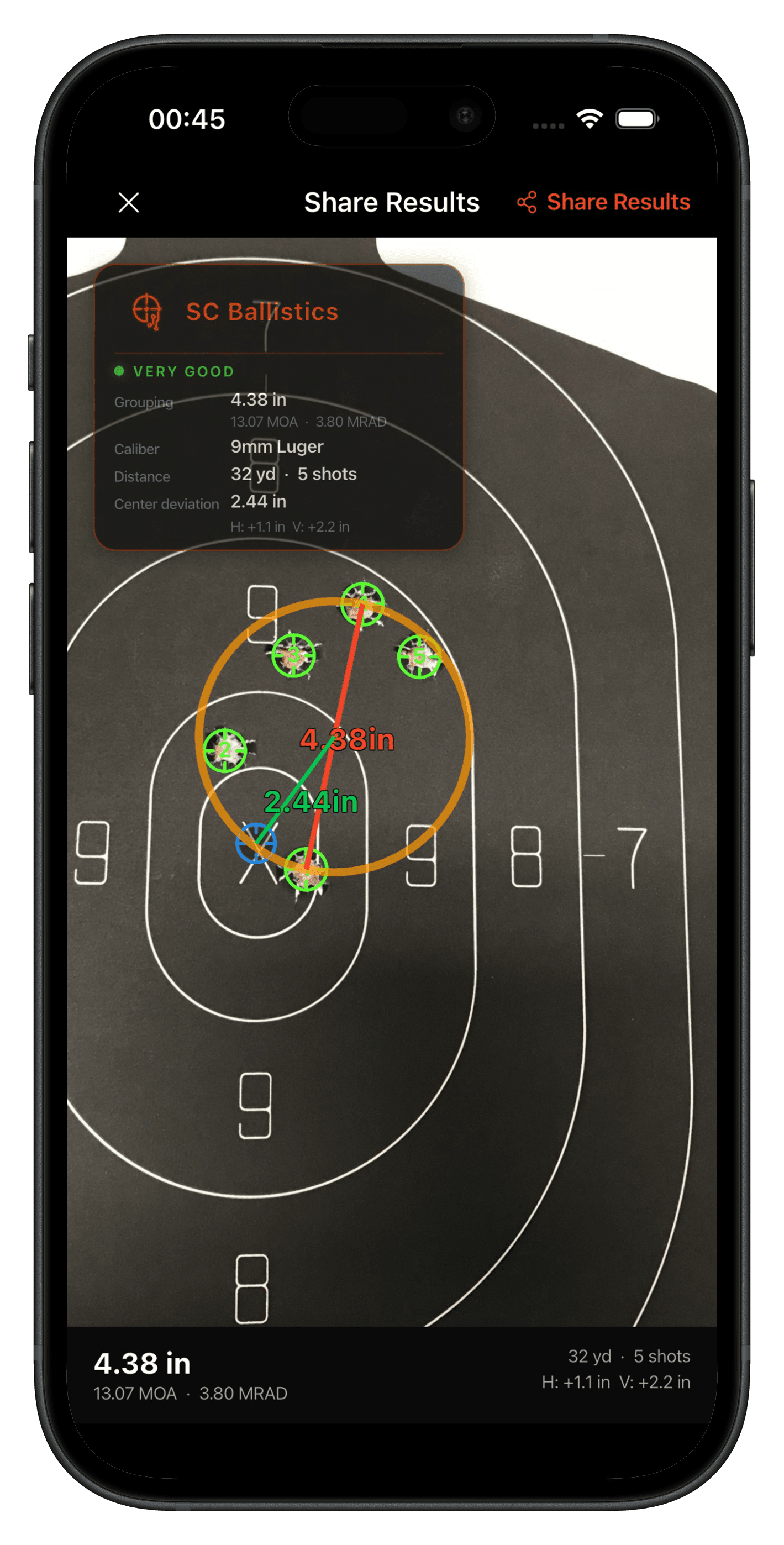 SC Ballistics group analysis screen: shot impacts marked on a photographed target, with group size in centimetres, MOA and MRAD