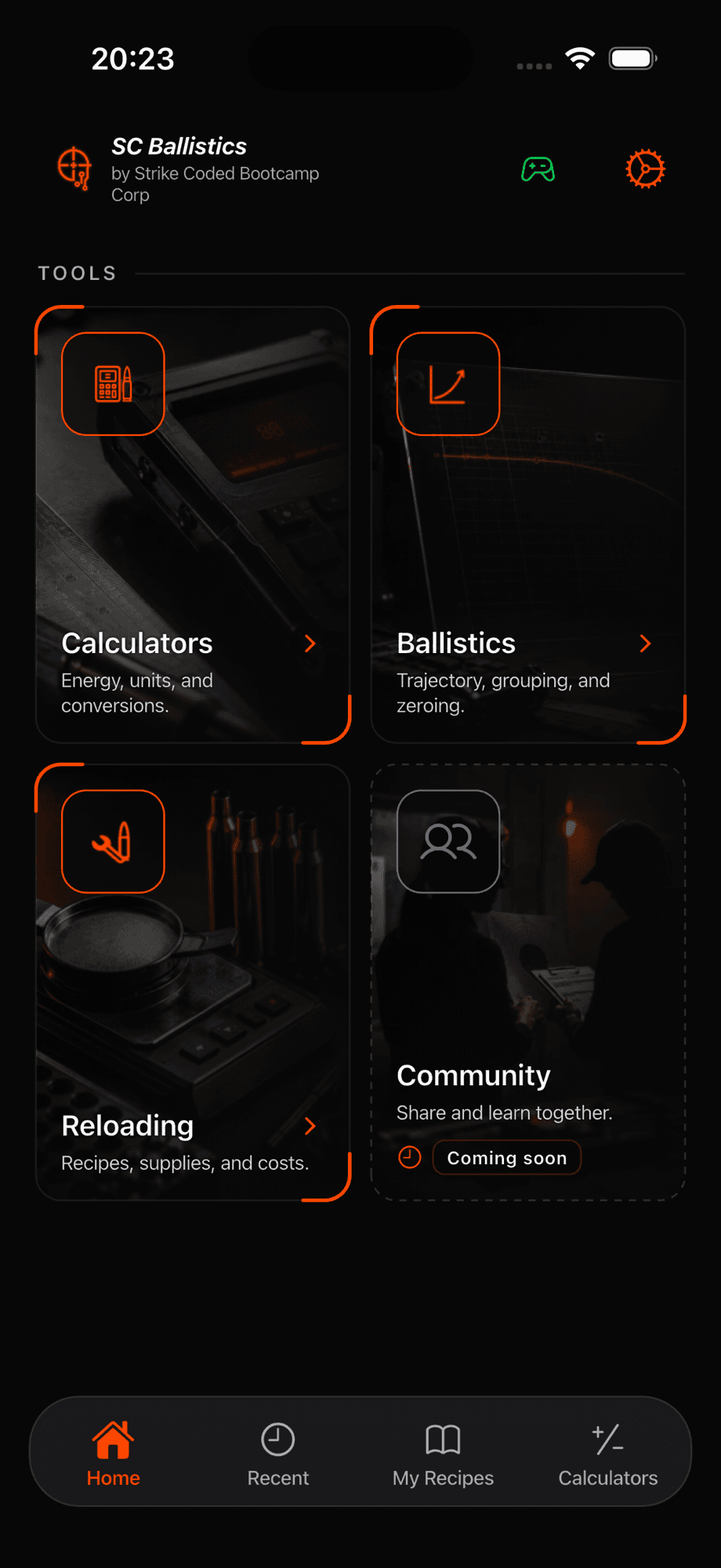 SC Ballistics home screen with the four tool groups: calculators, ballistics, reloading and community