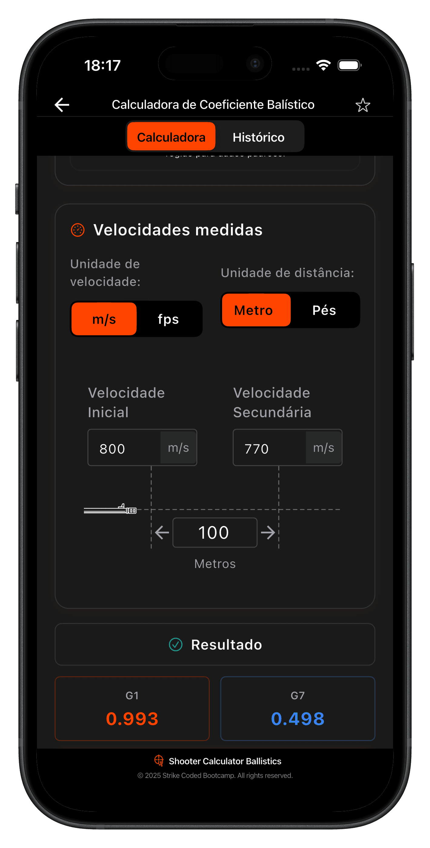 Tela da Calculadora de Coeficiente Balístico no app SC Ballistics