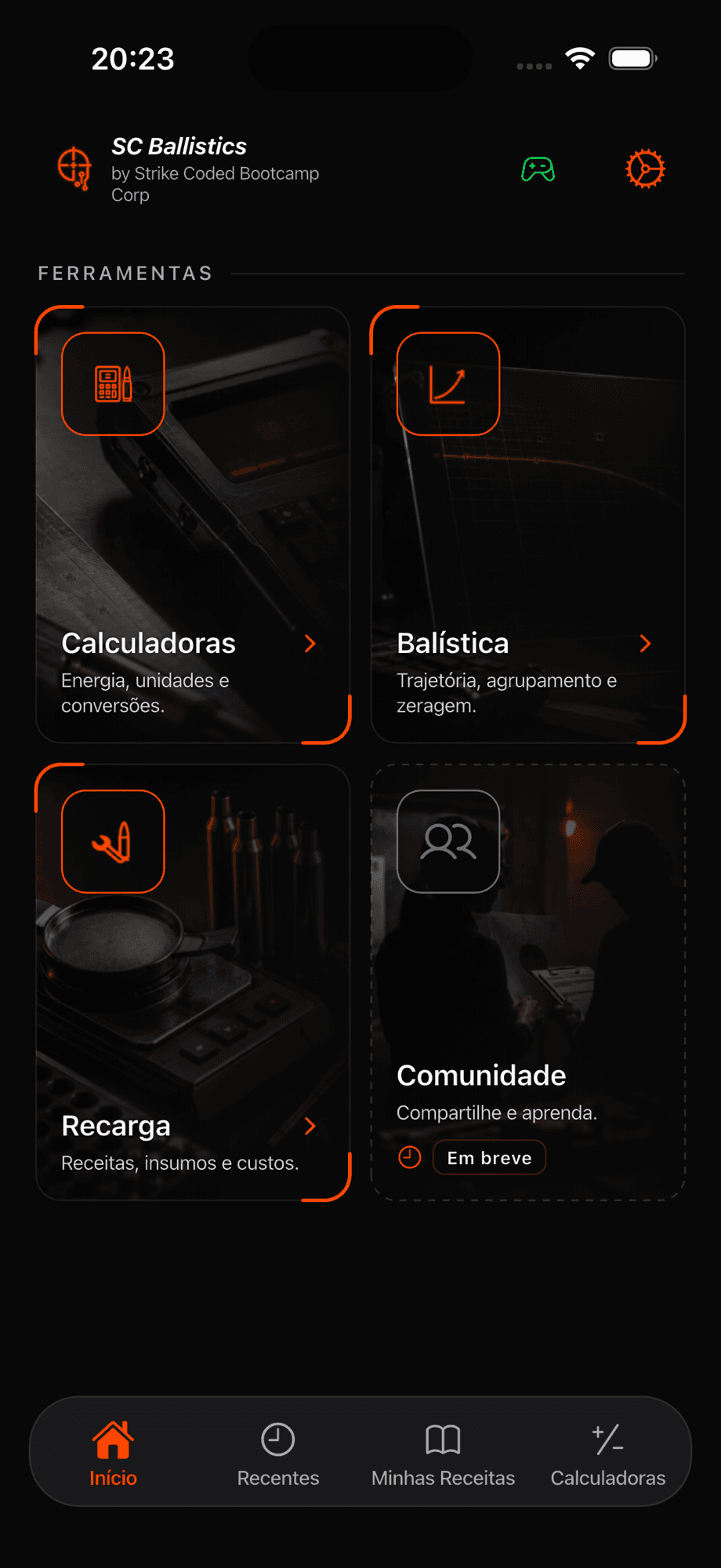 Tela inicial do SC Ballistics com os quatro grupos de ferramentas: calculadoras, balística, recarga e comunidade